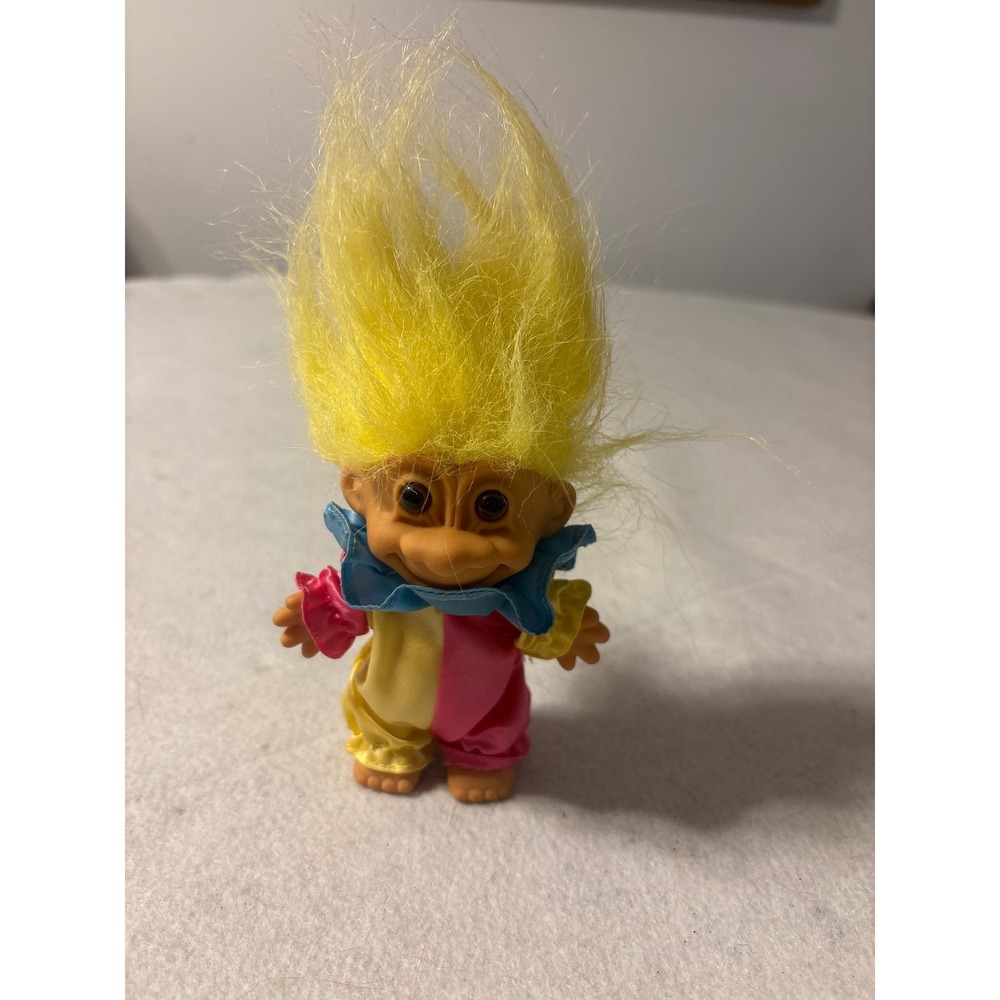 Vintage Russ Berrie Clown Troll Doll Yellow Hair Pink Yellow Jumpsuit 3 inch